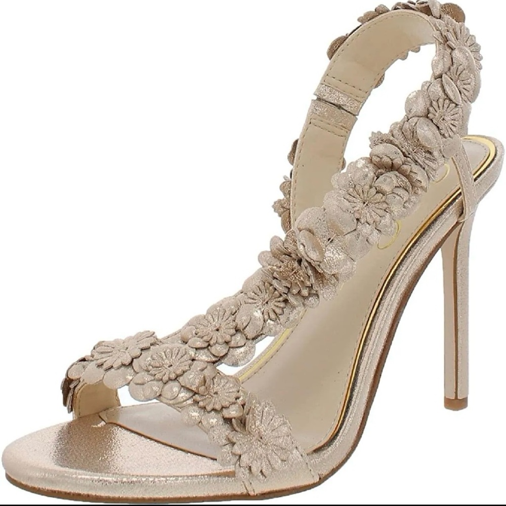 Jessica Simpson Jessin Gold Leather Open Toe Flower Strap High Heel size 8